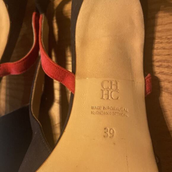 Carolina Herrera Navy Suede Kitten Slingback Heels 39 9 Red Flower Pointed Toe - Picture 9 of 9